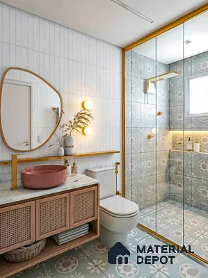 Scandinavian bathroom with blue floral patterned tiles, white vertical subway wall tiles, and rattan vanity