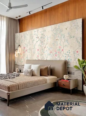 Japandi bedroom with chinoiserie wallpaper, natural wood paneling, and marble floor tile