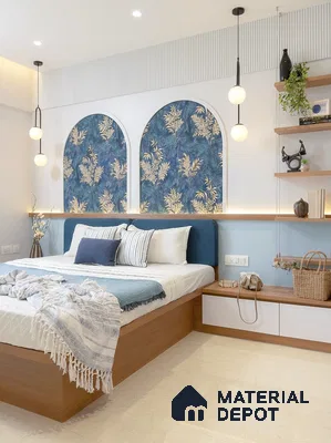 Modern bedroom with blue floral wallpaper, oak wood laminate bed, and ivory marble floor tiles