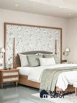 Scandinavian bedroom with floral wallpaper, natural wood bed frame, and sage green accents