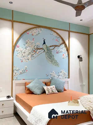 Japandi bedroom with chinoiserie peacock floral wallpaper, pastel blue fluted panels, and warm wood accents