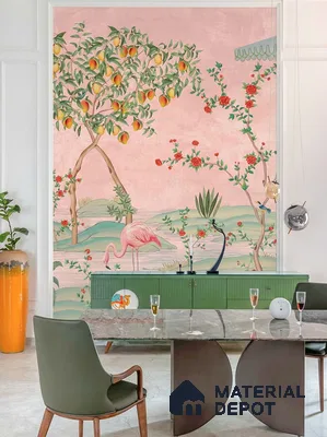 Eclectic dining room with chinoiserie wallpaper, green fluted sideboard, and marble dining table