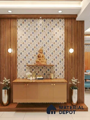 Modern pooja room with patterned wallpaper, walnut wood louvers, and beige laminate cabinet