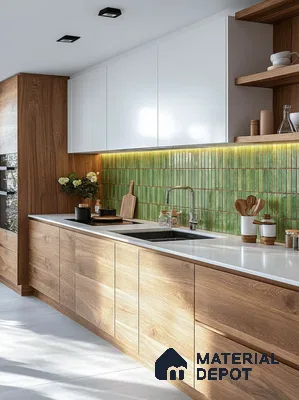 Scandinavian kitchen with oak wood laminate, white laminate cabinets, and green kitkat backsplash tiles