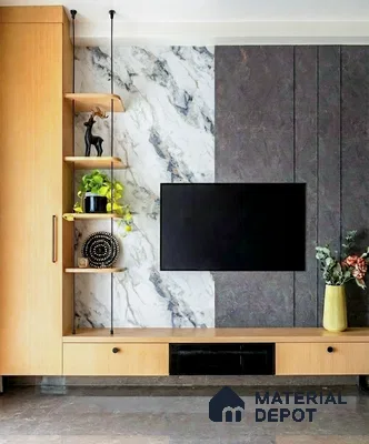 Modern TV unit with white marble laminate, textured stone laminate, and light oak wood laminate