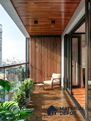 Modern balcony with walnut wood louvers, herringbone wooden flooring, and glass railing in 3 BHK apartment GK Lake View Anantapuram Bengaluru