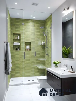 Modern bathroom with olive green geometric wall tiles and white floor tiles in 3 BHK apartment GK Lake View Anantapuram Bengaluru
