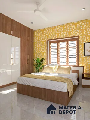 Modern bedroom with floral yellow wallpaper, walnut wood laminate wardrobe, and glossy beige floor tiles in 3 BHK apartment GK Lake View Anantapuram Bengaluru