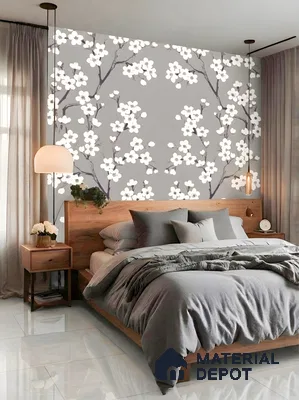 Scandinavian bedroom with floral wallpaper, natural wood bed, and glossy marble floor tiles in 3 BHK apartment GK Lake View Anantapuram Bengaluru
