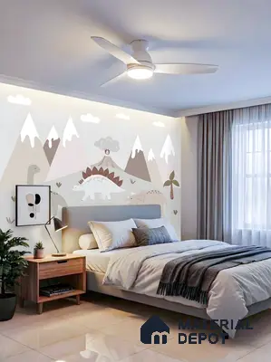 Scandinavian kids room with dinosaur-themed pastel wallpaper and beige floor tiles in 3 BHK apartment GK Lake View Anantapuram Bengaluru
