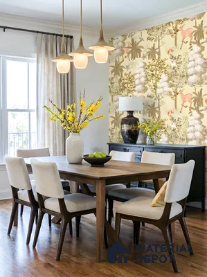 Mid-century modern dining room with natural wood table, beige upholstery, and nature-themed wallpaper in 3 BHK apartment GK Lake View Anantapuram Bengaluru