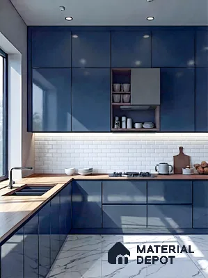 Modern kitchen with navy blue high gloss laminate, white subway tile backsplash, and marble floor tiles in 3 BHK apartment GK Lake View Anantapuram Bengaluru
