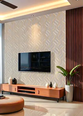 Modern TV unit with geometric 3D wall panels, walnut wood laminate, and vertical wooden louvers in 3 BHK apartment GK Lake View Anantapuram Bengaluru
