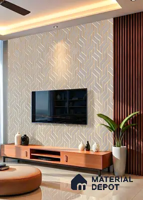 Modern TV unit with geometric 3D wall panels, walnut wood laminate, and vertical wooden louvers in 3 BHK apartment GK Lake View Anantapuram Bengaluru
