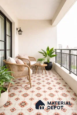 Scandinavian balcony with terracotta geometric patterned floor tiles and rattan furniture