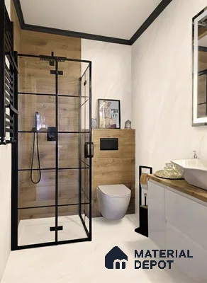 Modern bathroom with wood-look wall tiles, white marble-look floor tiles, and black-framed glass shower