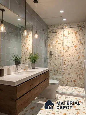 Modern bathroom with terrazzo wall and floor tiles, grey wall tiles, and wood finish vanity
