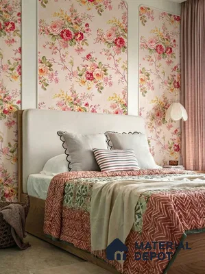 Eclectic bedroom with floral wallpaper, upholstered headboard, and pastel pink curtains