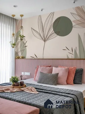 Scandinavian bedroom with pastel pink fluted wall panels and botanical patterned wallpaper