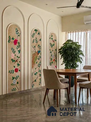 Art Deco dining room with chinoiserie floral wallpaper panels and marble finish floor tile