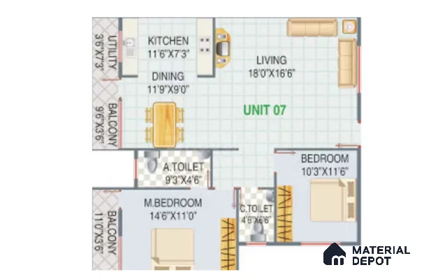 Modern 2BHK apartment floor plan with tiled flooring and open plan living, dining, and kitchen