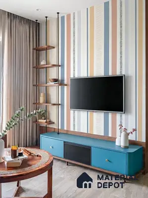 Mid-century modern TV unit with blue laminate, walnut wood, and striped geometric wallpaper in living room