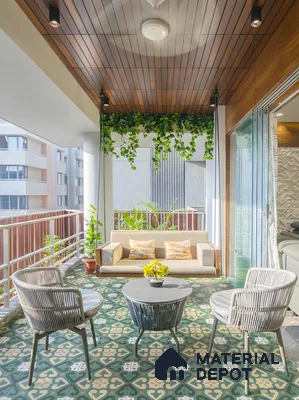 Modern balcony with patterned green and beige floor tiles and wooden ceiling panels