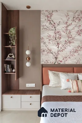 Modern bedroom with floral wallpaper, walnut wood laminate, and suede upholstered headboard