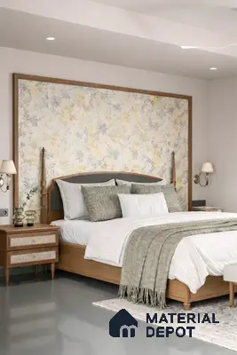 Scandinavian bedroom with floral wallpaper accent wall and natural wood bed frame