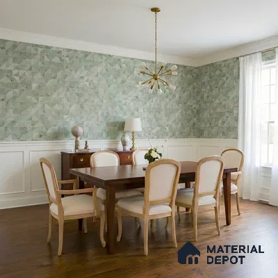 Transitional dining room with geometric green wallpaper and natural wood flooring