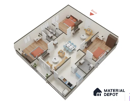 Modern 3BHK apartment layout with wood flooring, neutral wall paint, and modular furniture