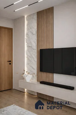 Modern TV unit with white marble laminate, oak wood fluted panels, and glossy beige floating cabinet