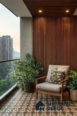 Modern balcony with wooden louvers and geometric patterned floor tiles