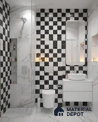 Modern bathroom with black-and-white checkerboard wall tiles and white marble-look floor tiles