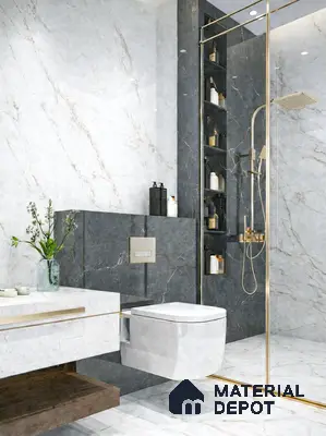 Modern bathroom with white and dark grey marble-look tiles and gold accents