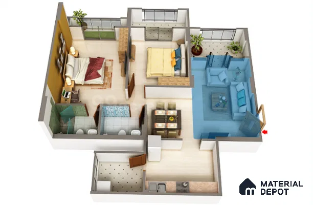 Modern living room with beige floor tile, blue fabric sofa, and glass coffee table