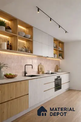 Scandinavian kitchen with light oak laminate, frosty white laminate, and blush pink scallop backsplash tile