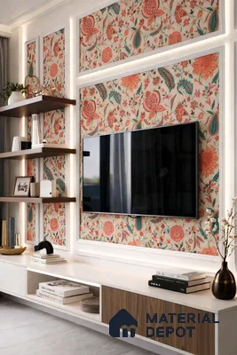 Eclectic TV unit with floral patterned wallpaper, walnut wood laminate, and white matte laminate