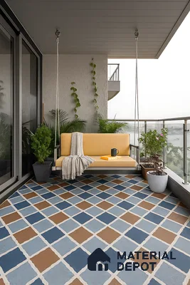 Modern balcony with blue and tan geometric floor tiles and hanging swing seat of 3 BHK apartment in Garuda Park Square KR Puram in Bengaluru