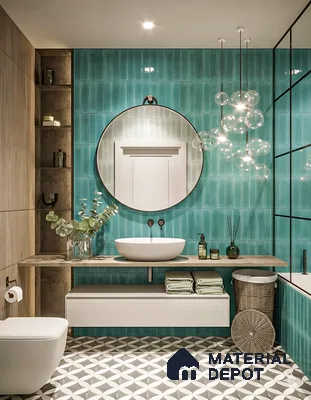 Modern bathroom with turquoise vertical subway wall tiles and geometric patterned floor tiles of 3 BHK apartment in Garuda Park Square KR Puram in Bengaluru