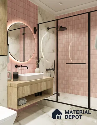 Modern bathroom with pink kitkat wall tiles, marble-look floor tiles, and light wood floating vanity of 3 BHK apartment in Garuda Park Square KR Puram in Bengaluru