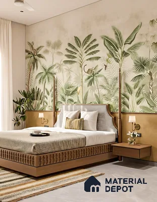 Modern bedroom with tropical wallpaper, natural wood bed, and beige stone floor tile of 3 BHK apartment in Garuda Park Square KR Puram in Bengaluru