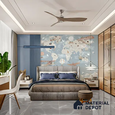 Modern kids bedroom with blue map wallpaper, grey suede upholstered bed, and marble look floor tiles of 3 BHK apartment in Garuda Park Square KR Puram in Bengaluru