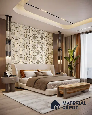 Art Deco bedroom with geometric patterned wallpaper, walnut wood panels, and beige upholstered bed of 3 BHK apartment in Garuda Park Square KR Puram in Bengaluru