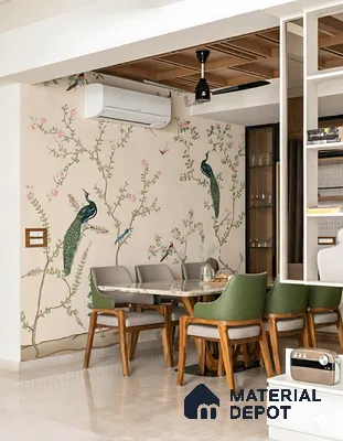 Art Deco dining room with chinoiserie wallpaper, marble dining table, and wooden chairs of 3 BHK apartment in Garuda Park Square KR Puram in Bengaluru