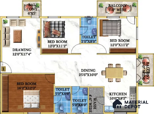 Modern apartment floor plan with marble-look floor tiles and wood accents in dining and living areas of 3 BHK apartment in Garuda Royal Homes KR Puram in Bengaluru