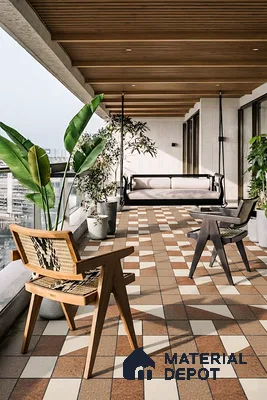 Scandinavian balcony with geometric patterned floor tiles and wooden slat ceiling of 3 BHK apartment in Garuda Royal Homes KR Puram in Bengaluru