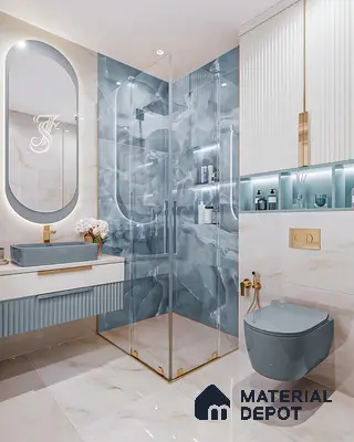 Modern bathroom with blue onyx look wall tiles and glossy marble floor tiles of 3 BHK apartment in Garuda Royal Homes KR Puram in Bengaluru