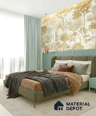 Japandi bedroom with chinoiserie wallpaper, sage green fluted wall panels, and suede upholstered bed of 3 BHK apartment in Garuda Royal Homes KR Puram in Bengaluru