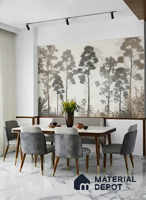 Modern dining room with marble floor tiles and nature-inspired wallpaper of 3 BHK apartment in Garuda Royal Homes KR Puram in Bengaluru